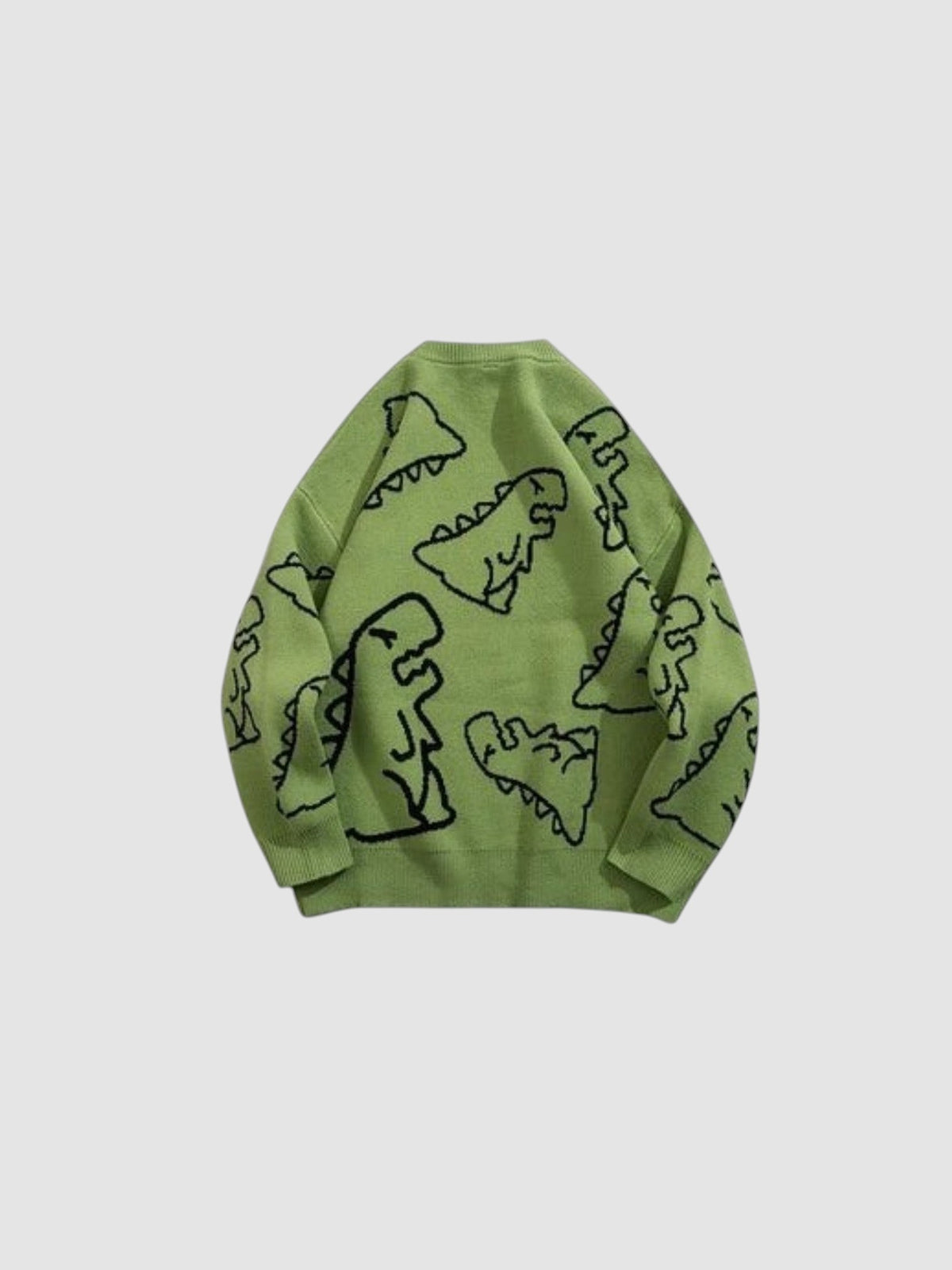 Y2K STUDIO khaki knit sweater featuring a playful black cartoon dinosaur pattern and a classic crew neck design.