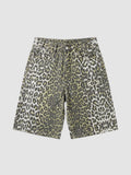 Y2K Studio high-waisted denim bermuda shorts in a cream and khaki green leopard print with a straight-leg fit.