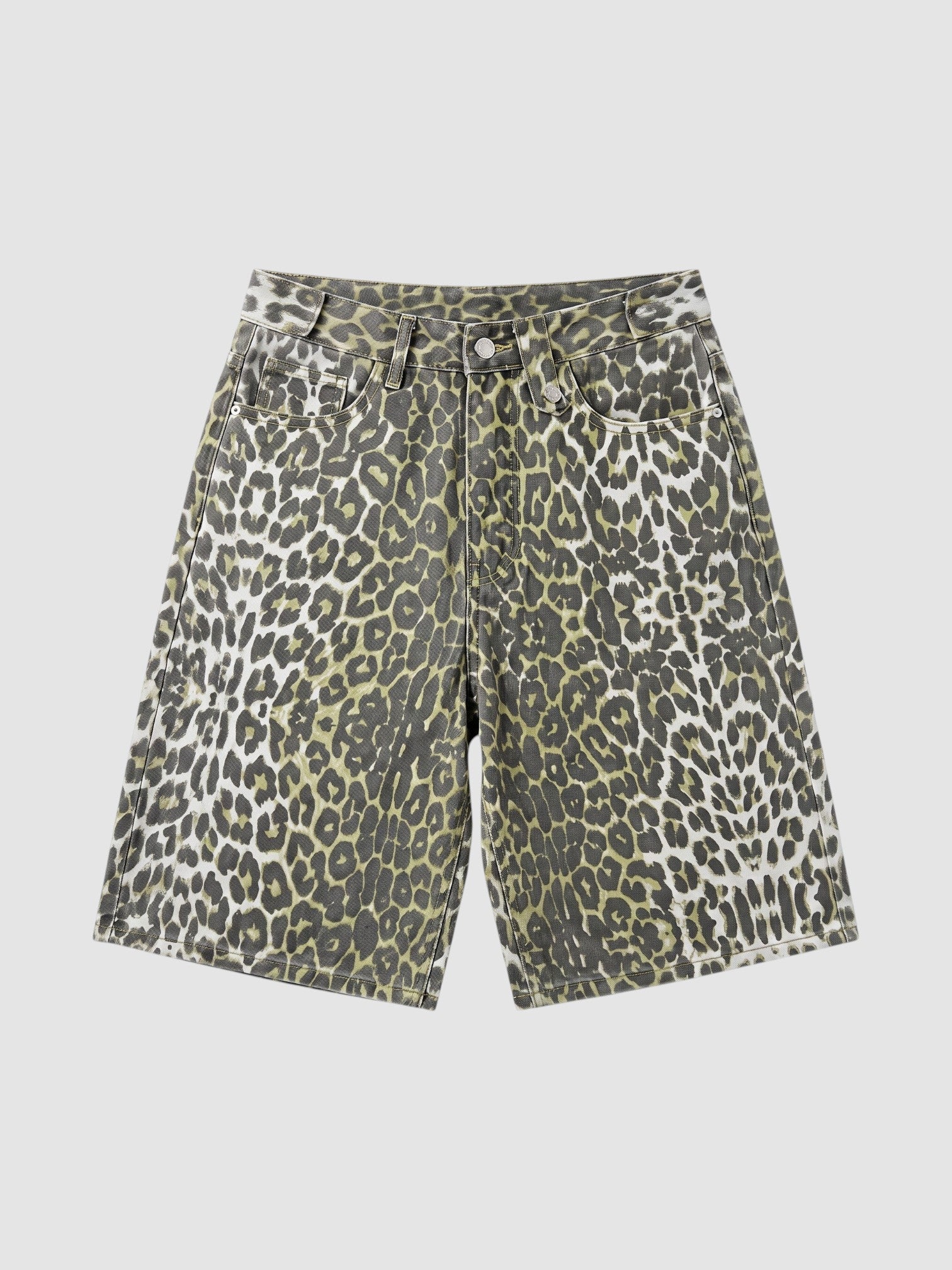Y2K Studio high-waisted denim bermuda shorts in a cream and khaki green leopard print with a straight-leg fit.