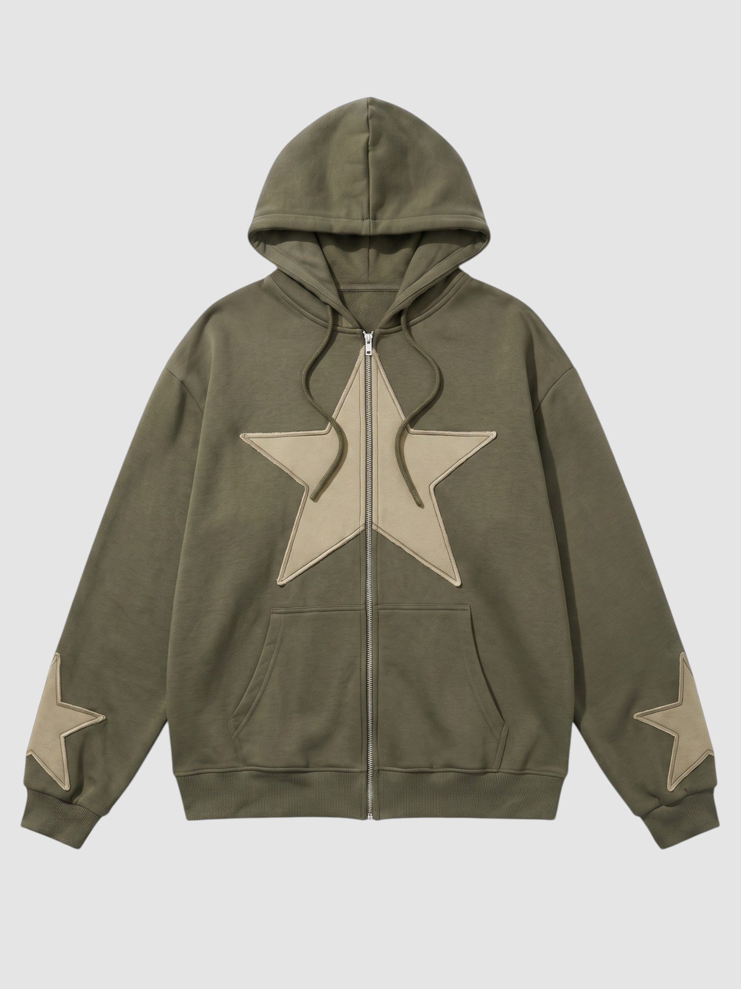 Y2K Studio khaki zip-up hoodie with a large beige stitched star patch on the chest and smaller stars on the sleeves.