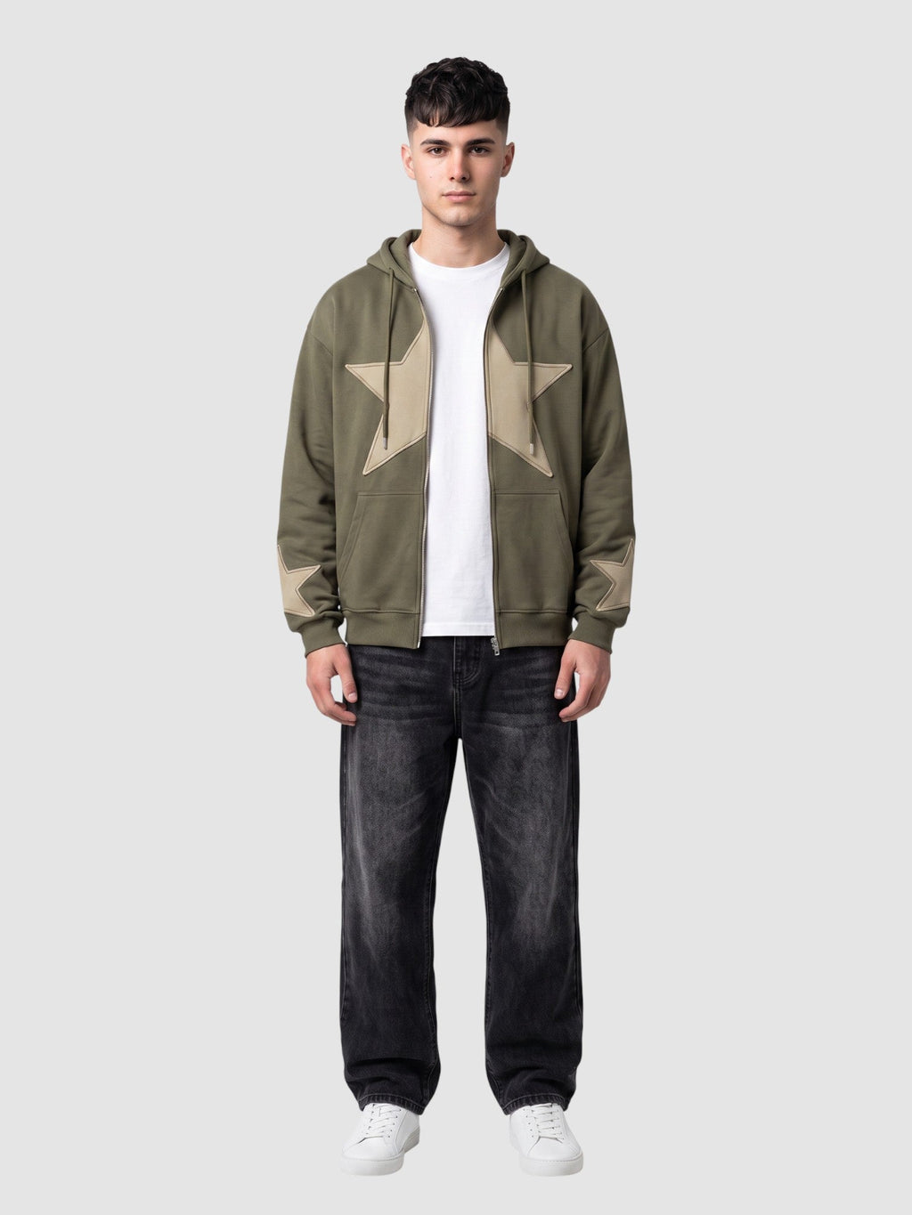 Y2K Studio khaki zip-up hoodie with a large beige stitched star patch on the chest and small stars on the cuffs.