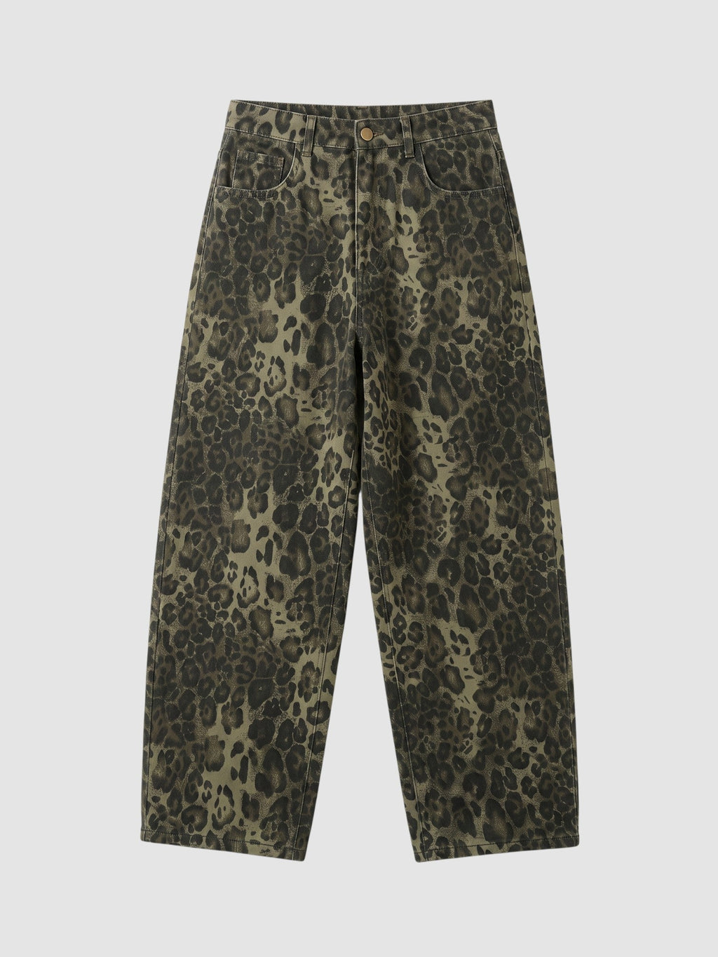 Y2K Studio baggy wide-leg jeans in a brown and dark leopard animal print denim with a classic five-pocket design.