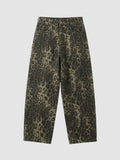 Y2K Studio baggy wide-leg jeans in a brown and dark leopard animal print denim with a classic five-pocket design.