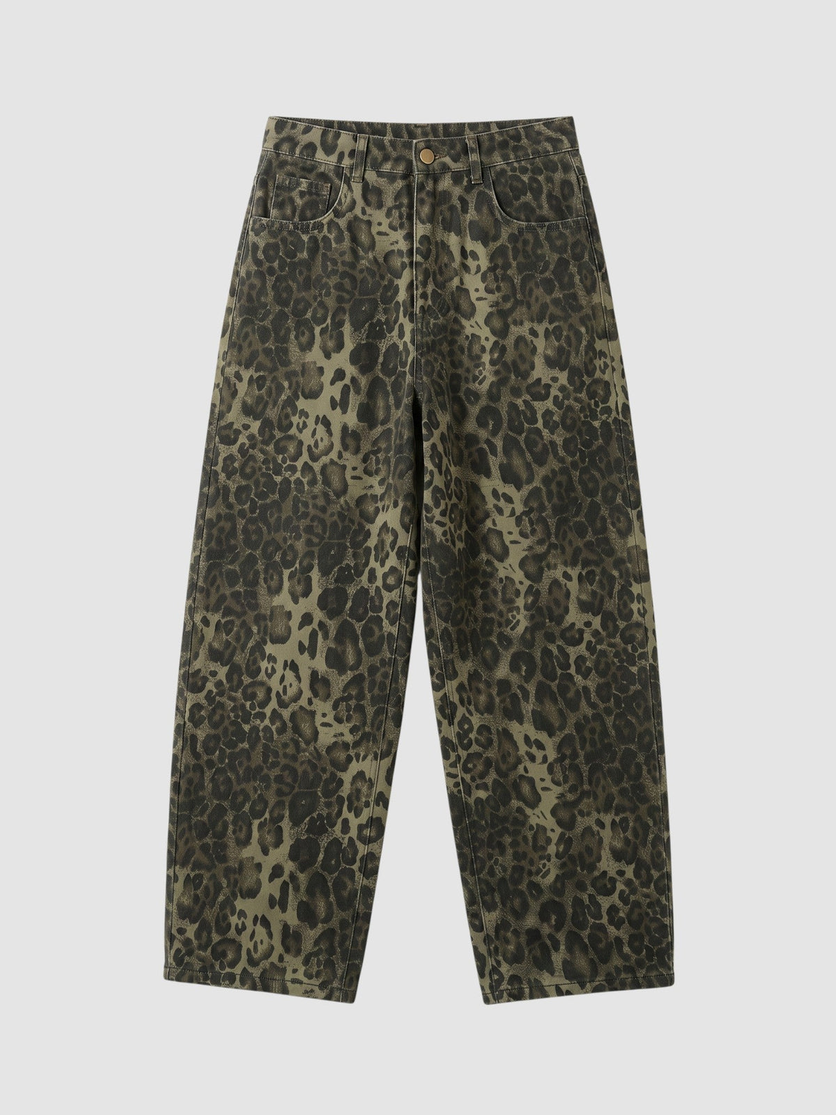 Y2K Studio baggy wide-leg jeans in a brown and dark leopard animal print denim with a classic five-pocket design.
