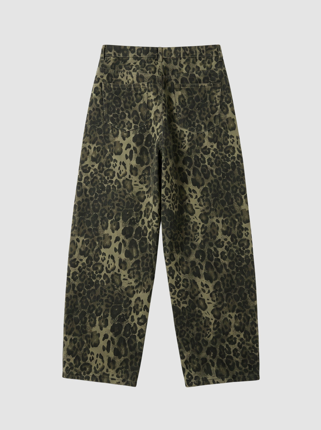 Y2K Studio baggy wide-leg jeans in brown and black leopard print denim with a classic five-pocket design