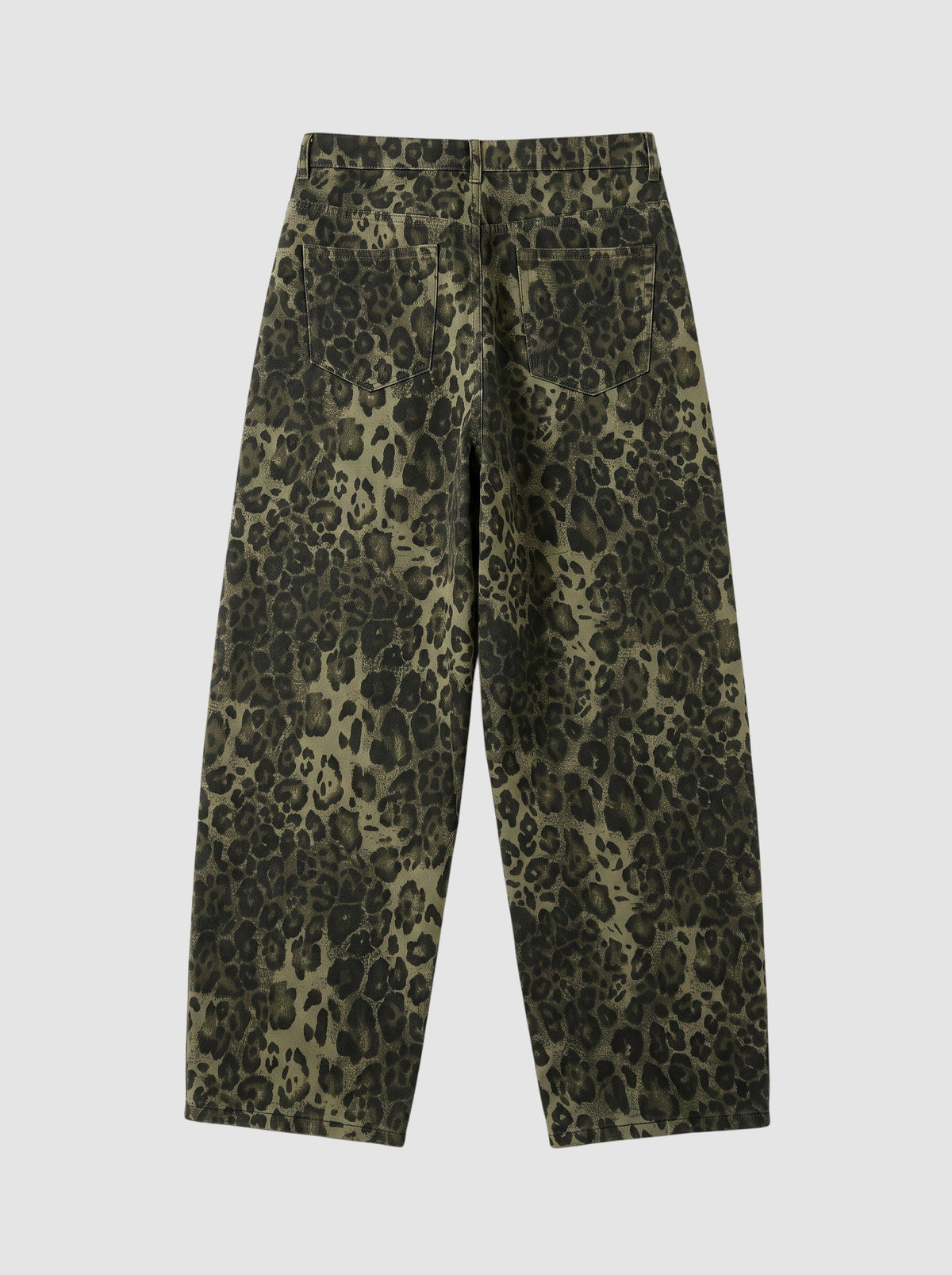 Y2K Studio baggy wide-leg jeans in brown and black leopard print denim with a classic five-pocket design