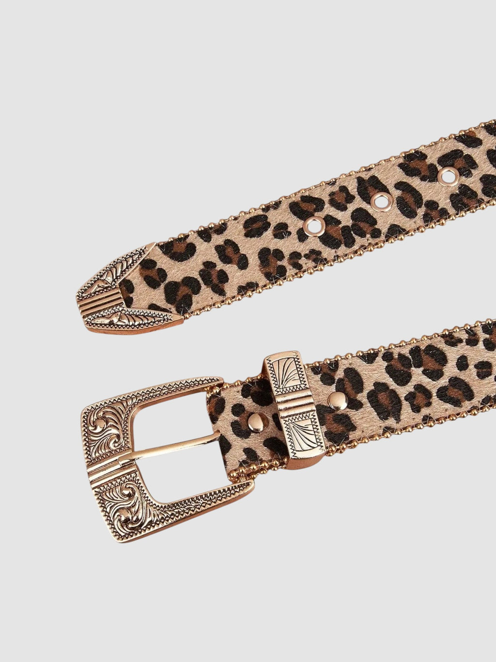 Y2K Studio leopard print belt with faux fur texture, featuring an ornate silver western buckle and metal conchos.