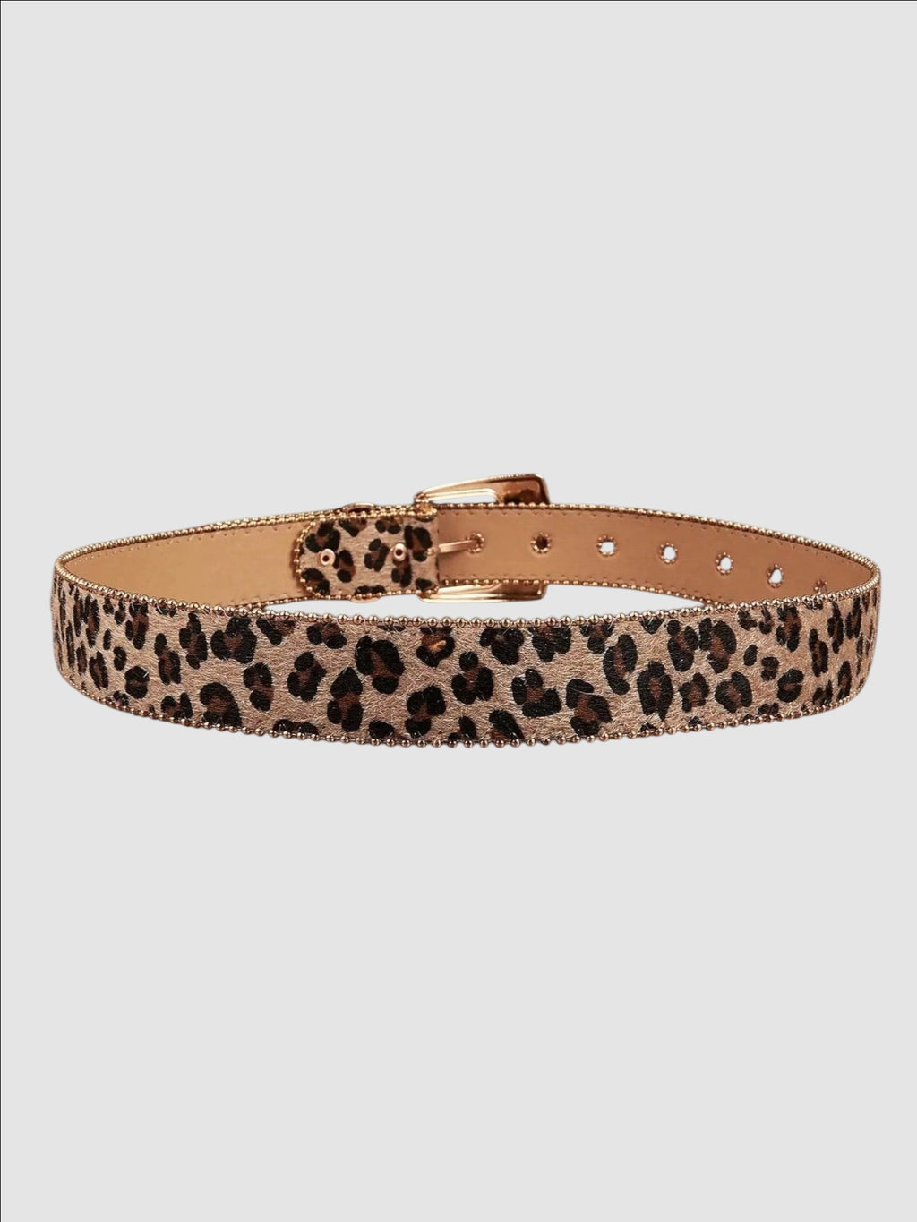 Y2K Studio leopard print faux leather belt with a western-style engraved buckle and silver conchos.