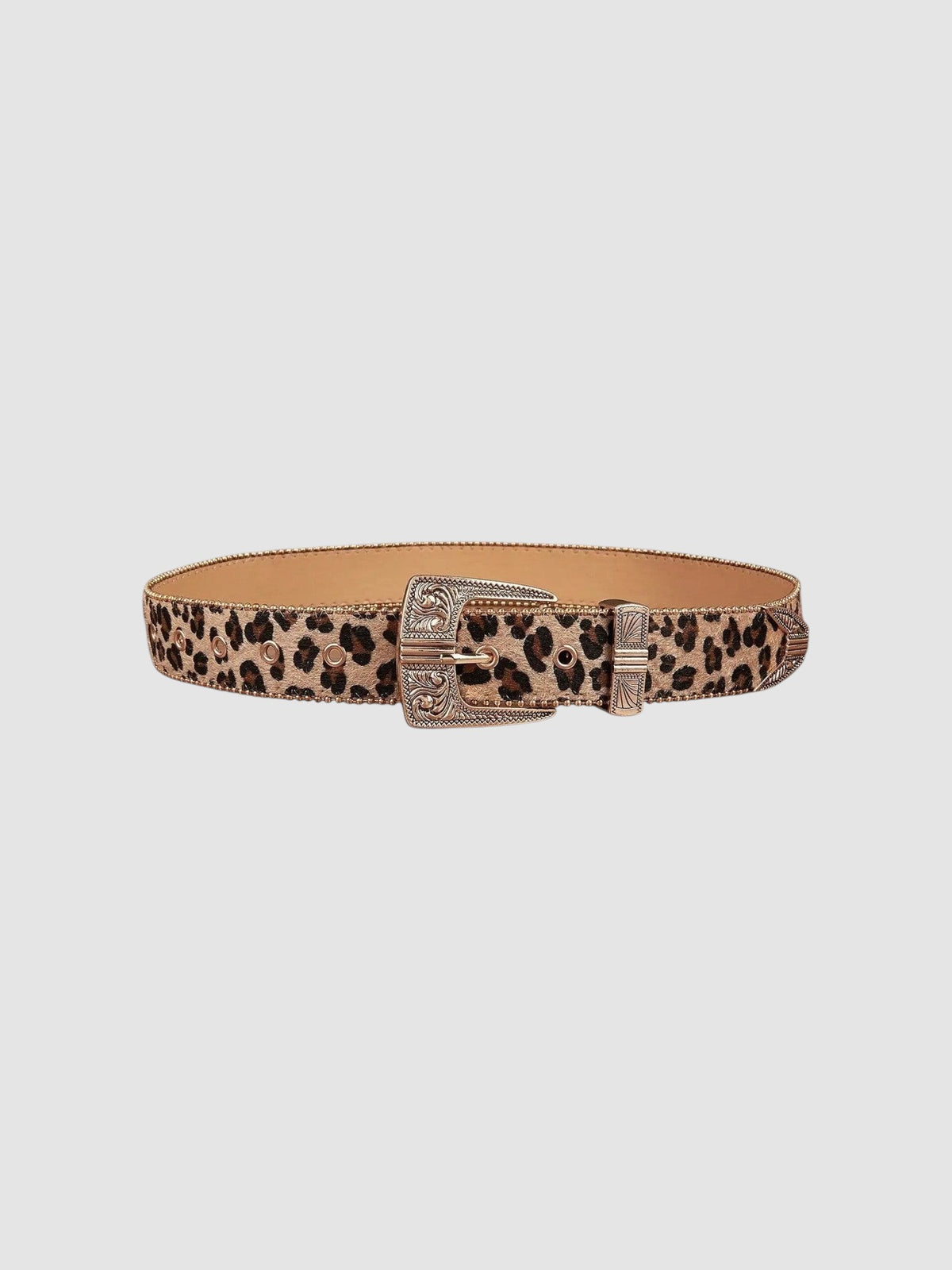 Y2K Studio leopard print faux leather belt with a floral engraved western silver buckle and silver conchos.