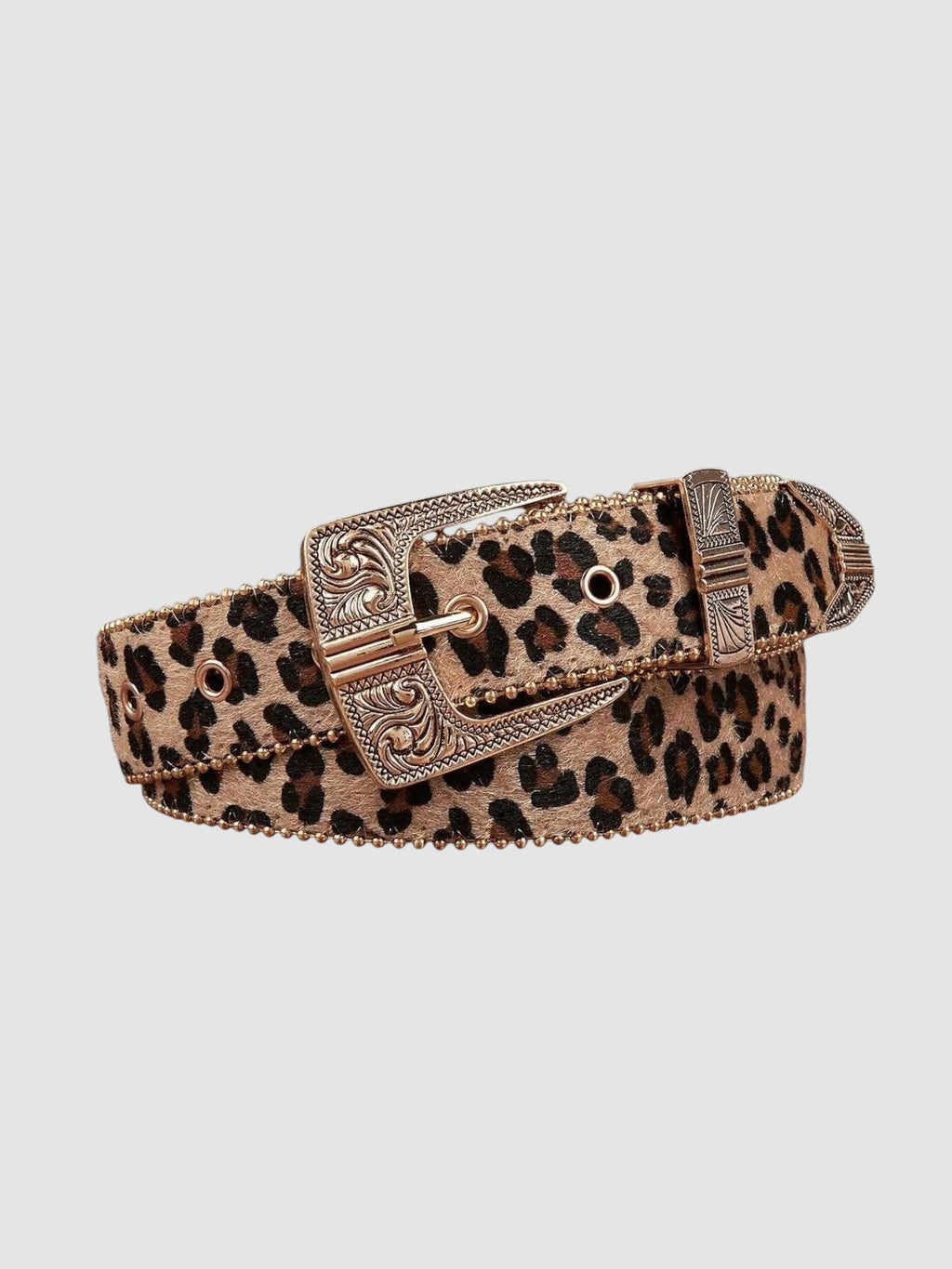 Y2K Studio leopard print faux leather belt with a silver engraved western buckle and decorative conchos.