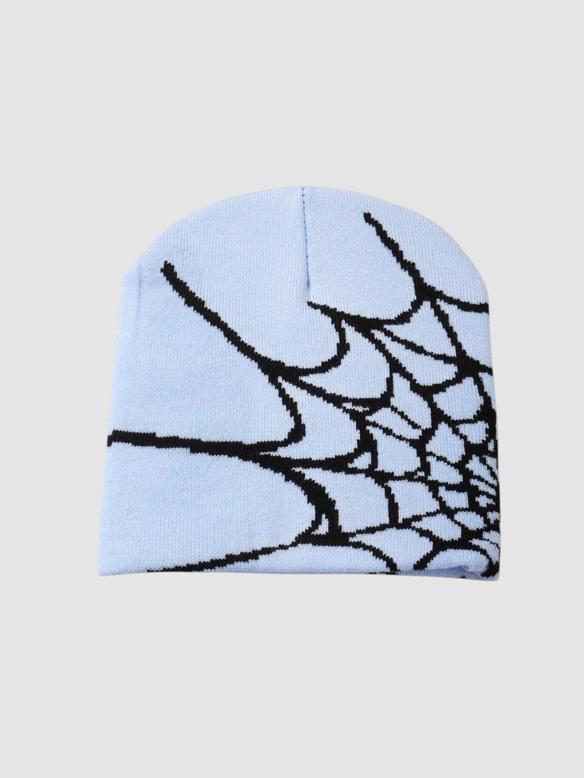 Y2K Studio light blue beanie with a black spider web graphic pattern in a lightweight knit fabric
