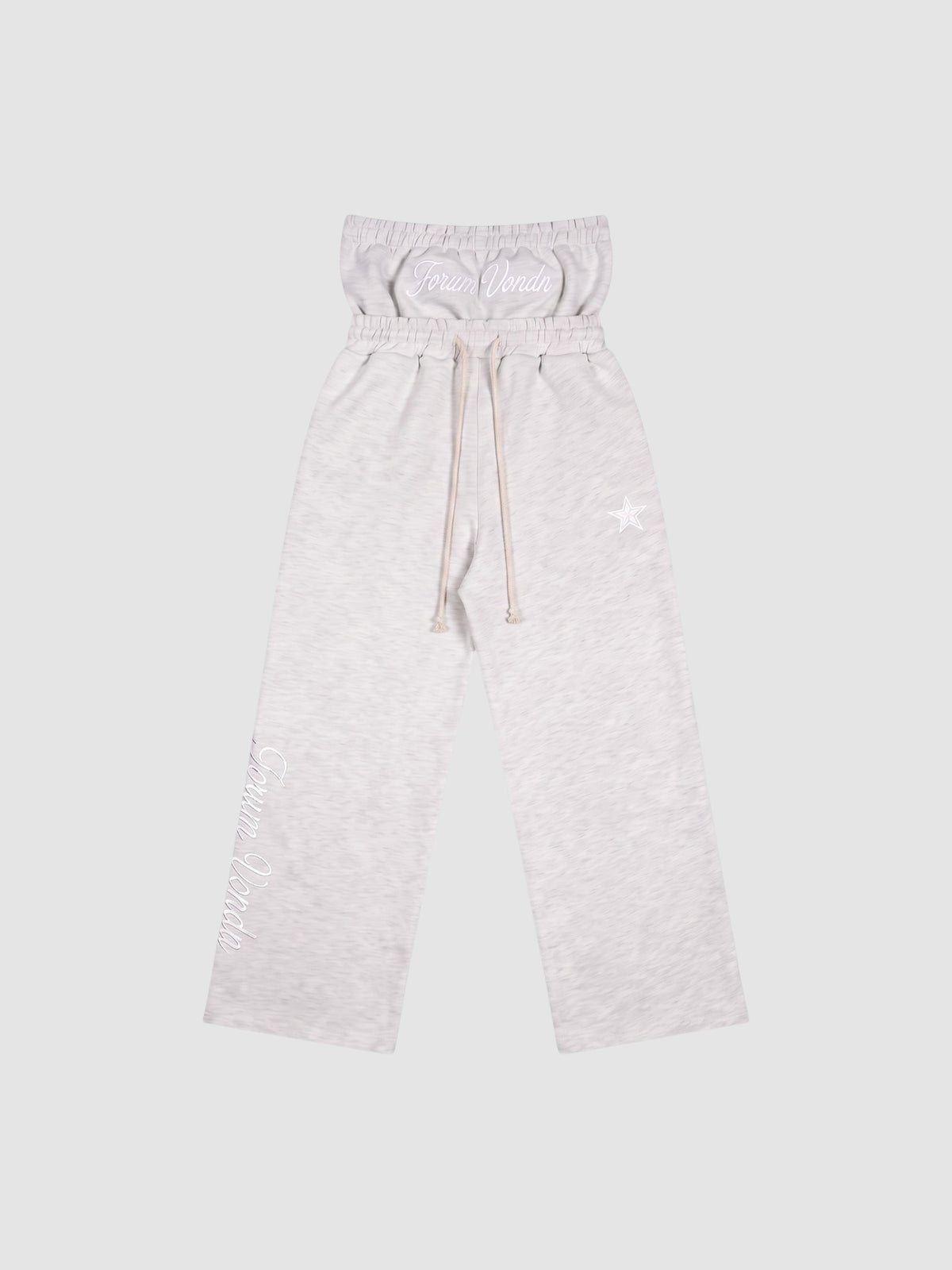 Y2K Studio light grey double waist jogging pants with gothic embroidery, star detail, and braided drawstring.
