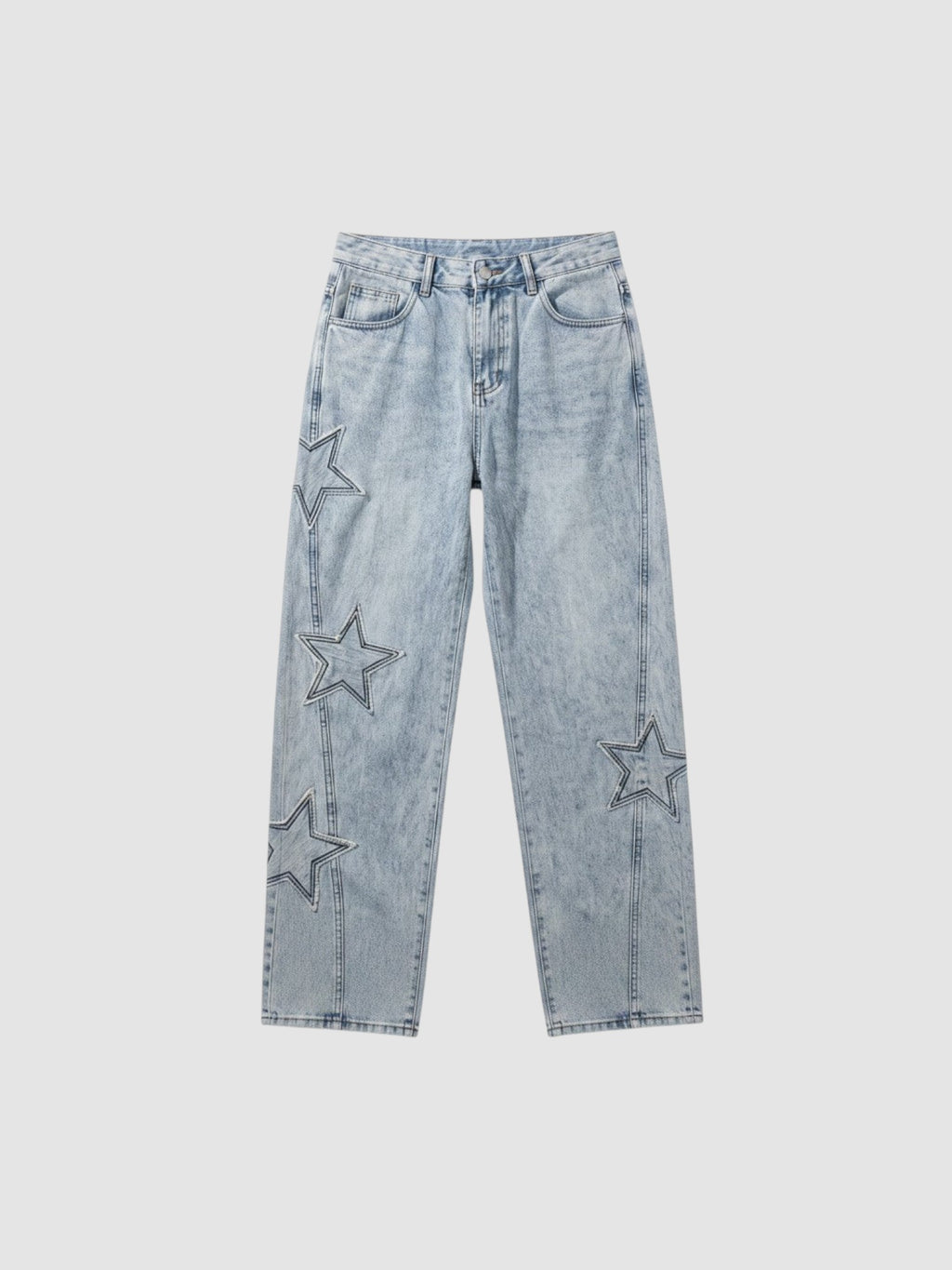 Y2K Studio light wash denim jeans for men featuring raw-edge stitched star appliqués and a regular fit.