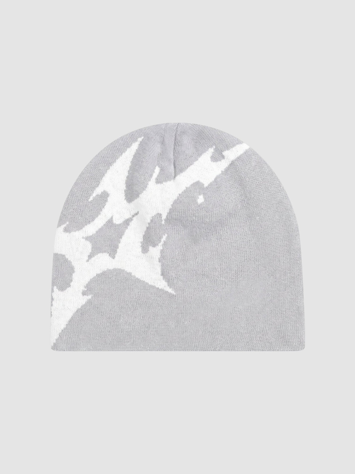 Y2K Studio black beanie with an asymmetrical white lightning bolt graphic in soft acrylic knit