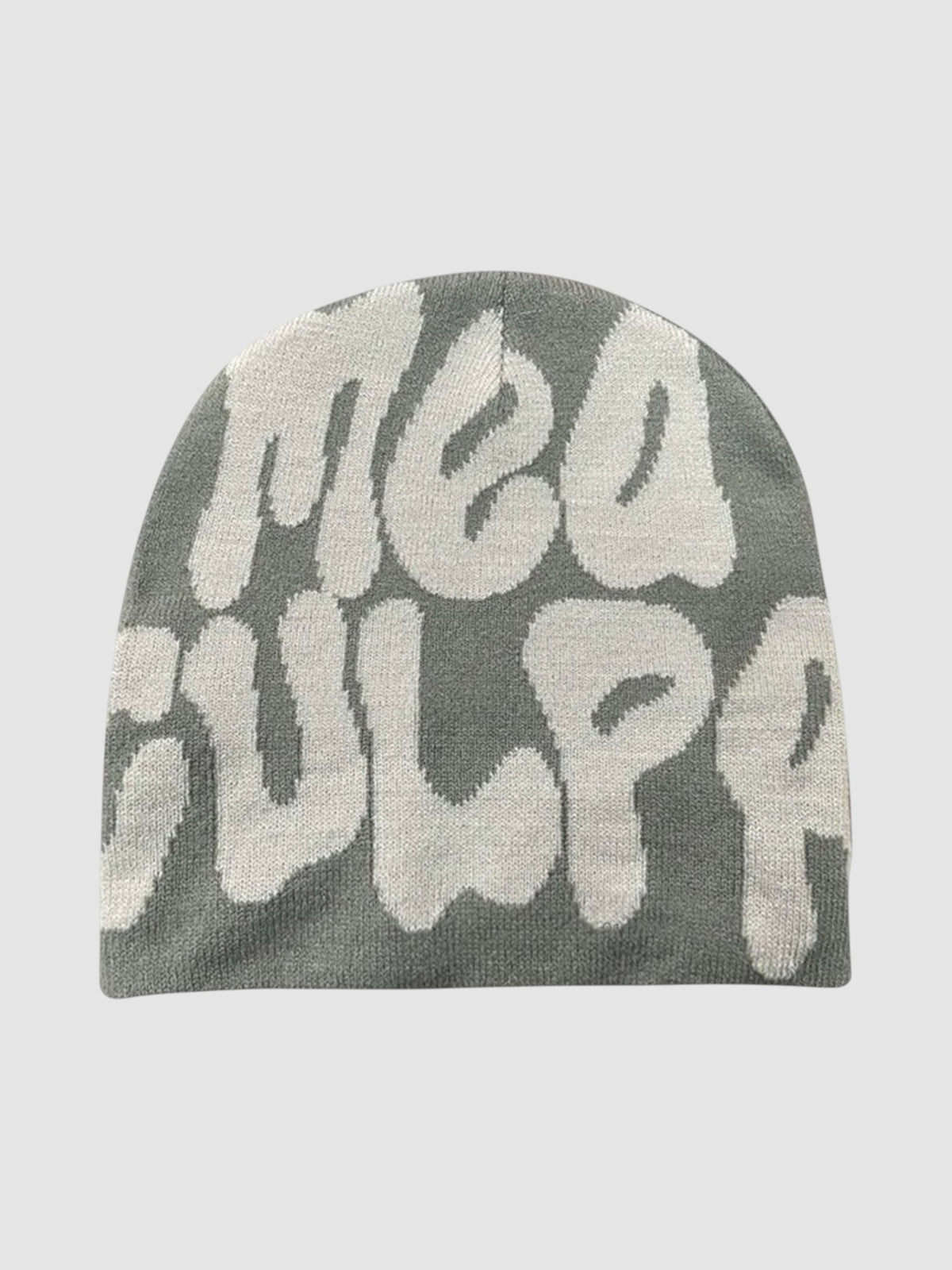 Y2K Studio Meaculpa beanie in grey with white graffiti-style bubble letter print in a skullie fit