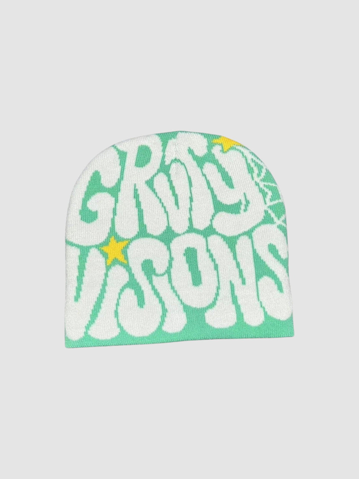 Y2K Studio vintage beanie in mint green and white with groovy bubble lettering and yellow star accents