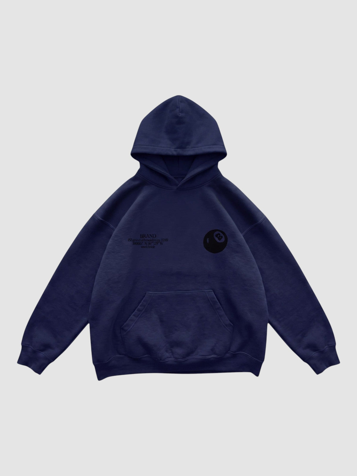 Y2K Studio navy blue boxy fit hoodie with front chest text and 8 ball graphic, featuring a kangaroo pocket.