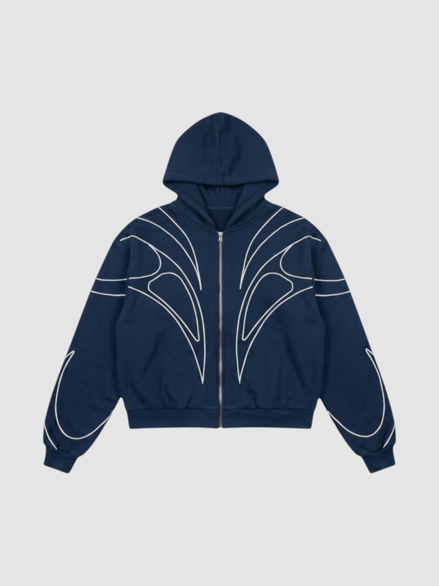 Y2K Studio navy blue cropped zip-up hoodie with white symmetrical curved line graphics and balloon sleeves