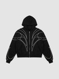 Y2K Studio navy blue cropped zip-up hoodie with white symmetrical curved line graphics and a structured fit.