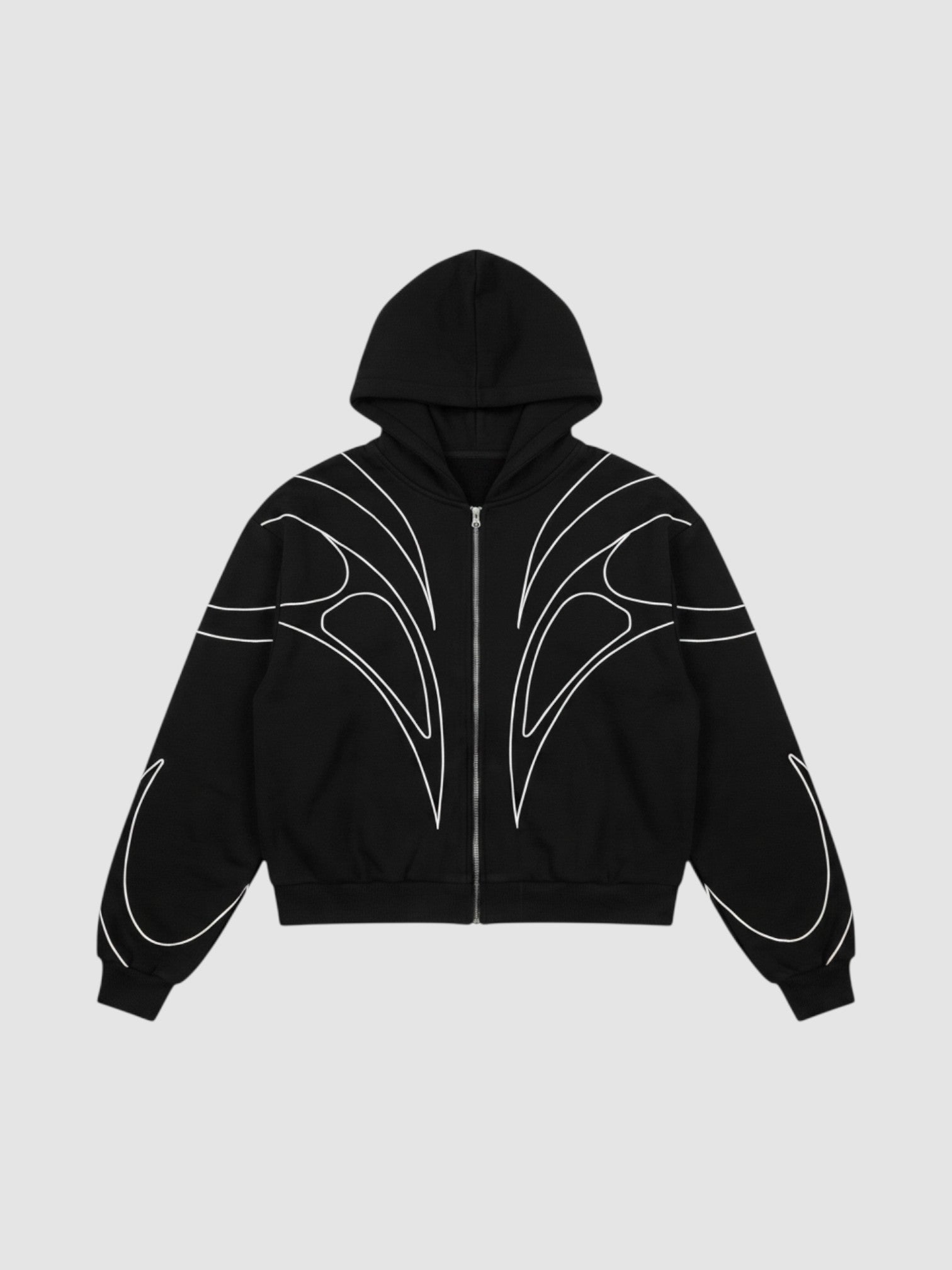 Y2K Studio navy blue cropped zip-up hoodie with white symmetrical curved line graphics and a structured fit.