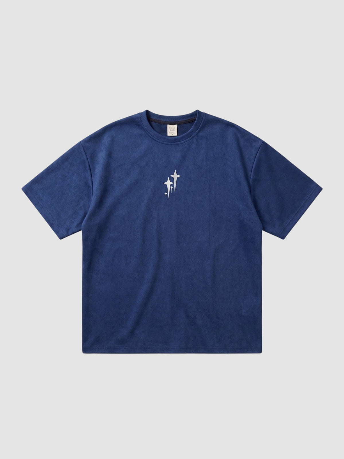 Y2K Studio navy blue oversized t-shirt with chrome star graphic print, ribbed crew neck, and drop shoulders.