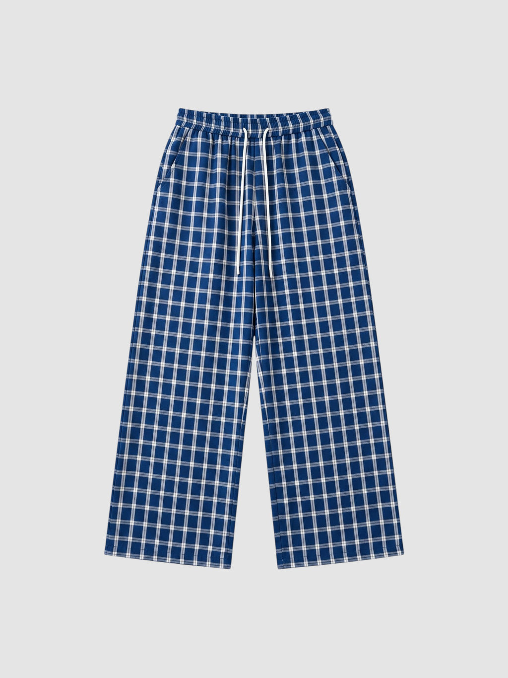 Y2K Studio wide-leg plaid trousers in navy blue and white with an elasticated drawstring waist and side pockets.