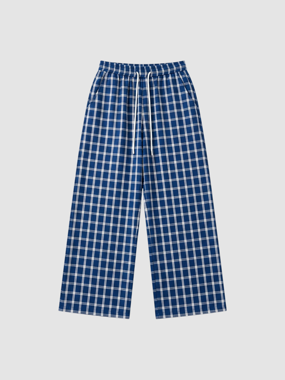 Y2K Studio wide-leg plaid trousers in navy blue and white with an elasticated drawstring waist and side pockets.