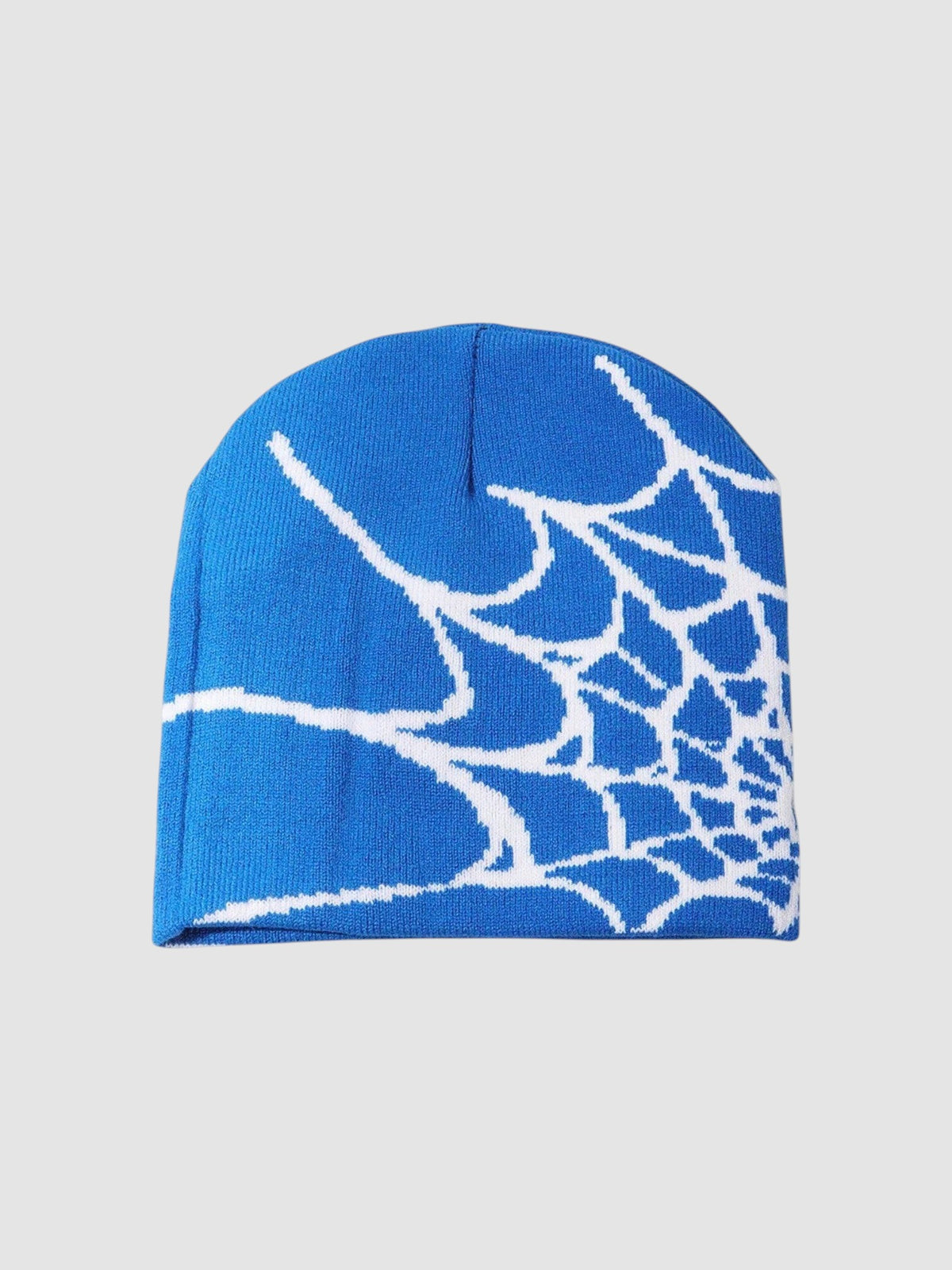 Y2K Studio navy blue beanie with a white spider web graphic pattern in a lightweight polyester knit fabric