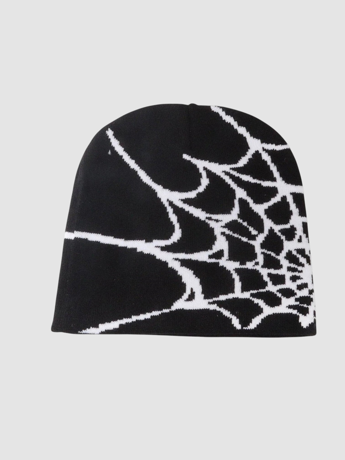 Y2K Studio navy blue beanie with a white spider web pattern in a lightweight polyester knit