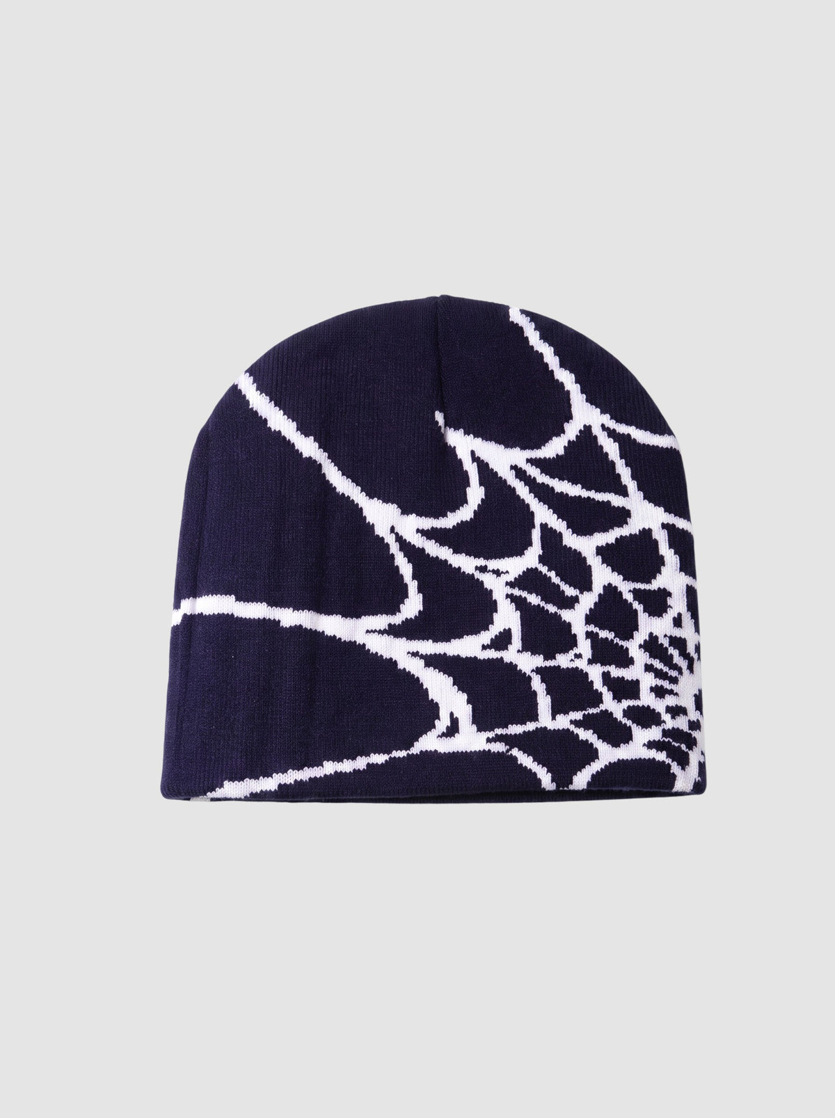 Y2K Studio navy blue beanie with a white spider web graphic pattern in a lightweight polyester knit fabric.