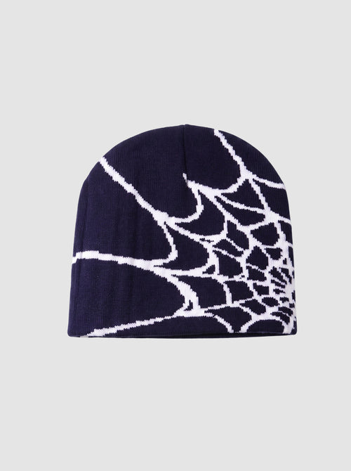 Y2K Studio navy blue beanie with a white spider web graphic pattern in a lightweight polyester knit fabric.