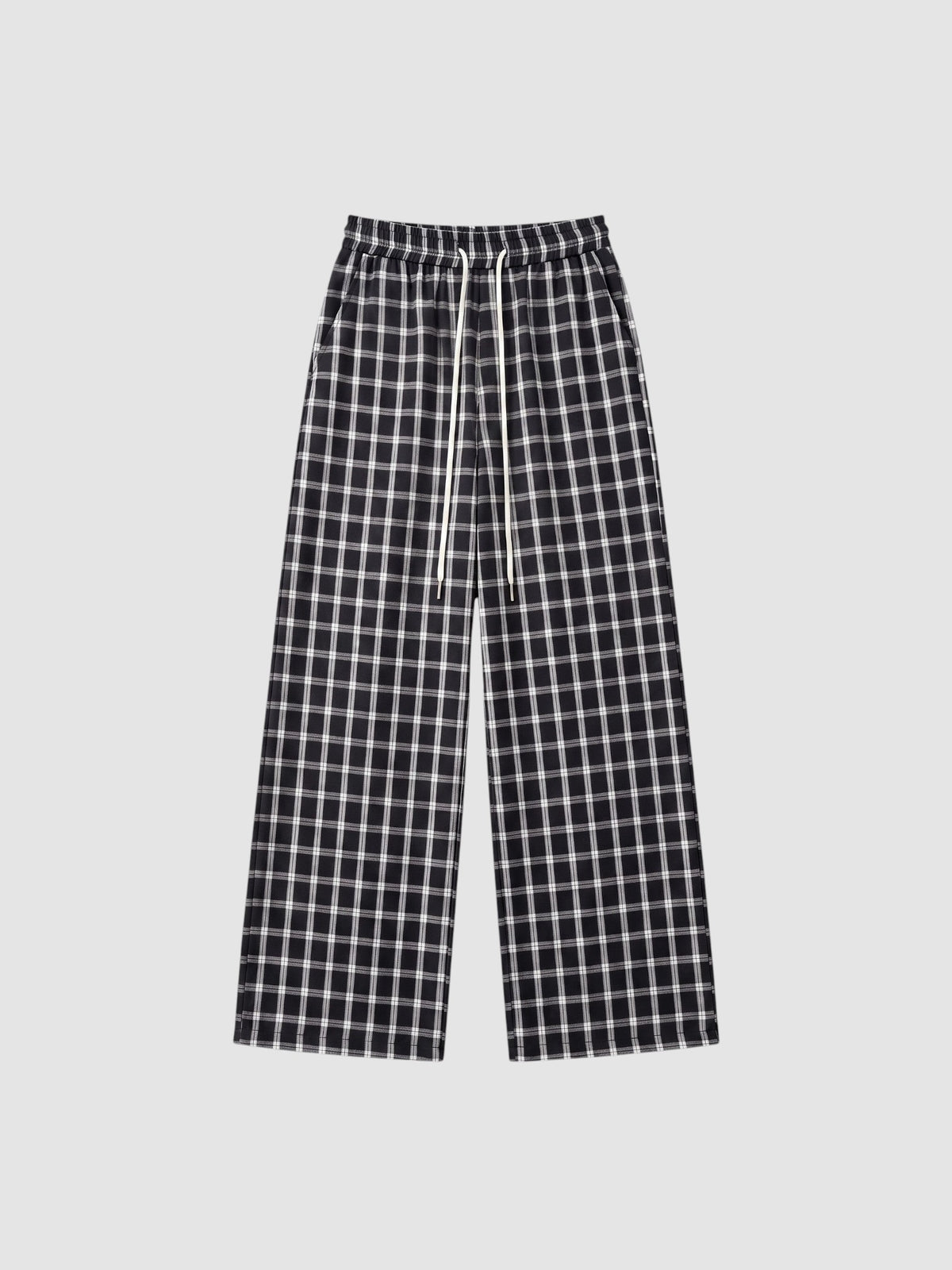 Y2K STUDIO wide-leg plaid trousers in navy and white with an elasticated drawstring waist and side pockets.