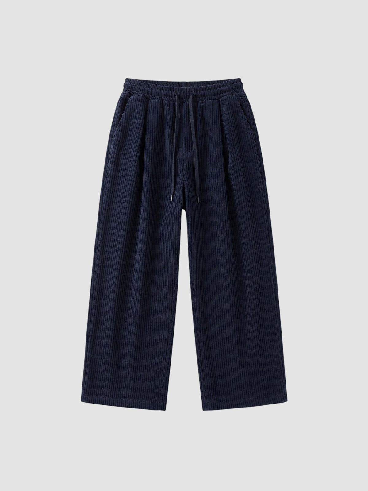 Y2K Studio navy blue wide-leg corduroy trousers with an elasticated drawstring waist and deep side pockets.