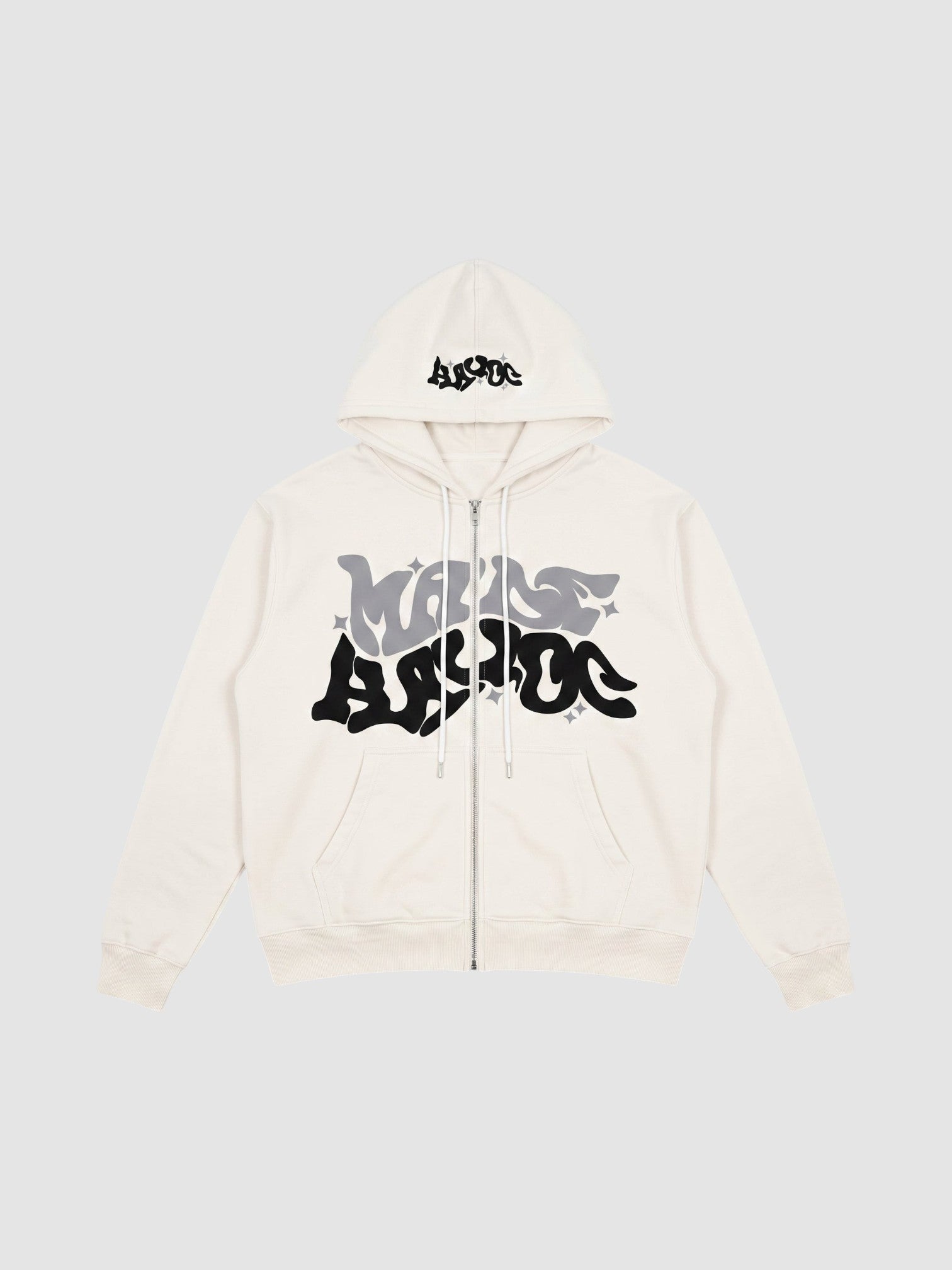 Y2K Studio off-white zip-up hoodie featuring black and grey bubble graffiti lettering and star accents.
