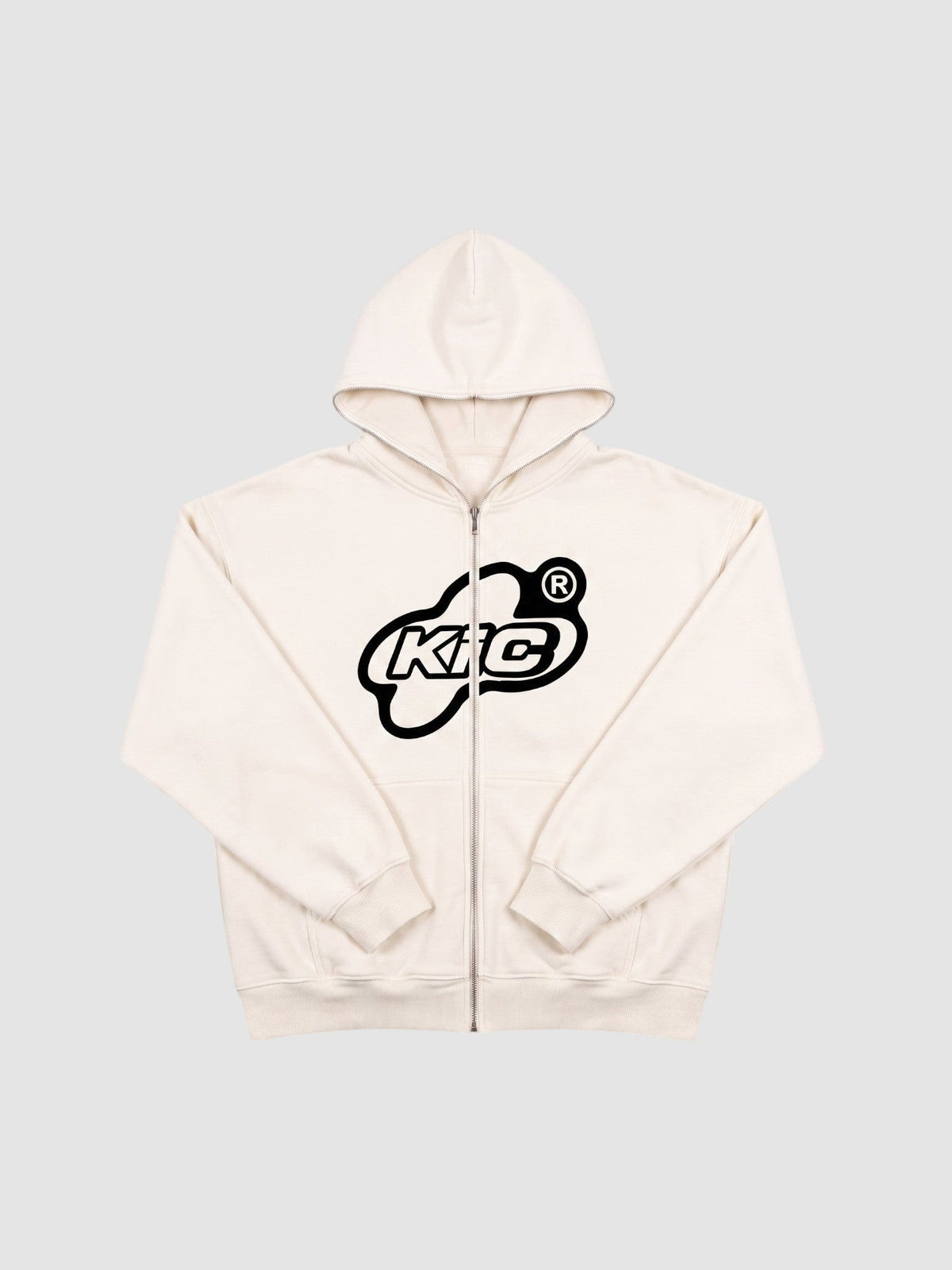 Y2K Studio off-white oversized zip-up hoodie featuring a black bubble-style graphic logo on the chest.