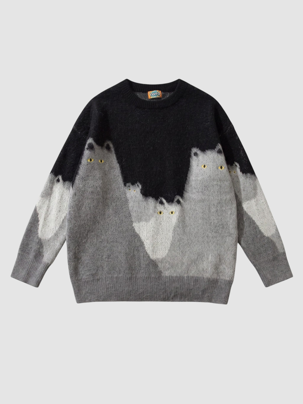 Y2K STUDIO oversize knit sweater featuring a black to grey gradient cat pattern with yellow eyes and a crew neck.