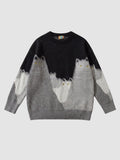 Y2K STUDIO oversize knit sweater featuring a black to grey gradient cat pattern with yellow eyes and a crew neck.