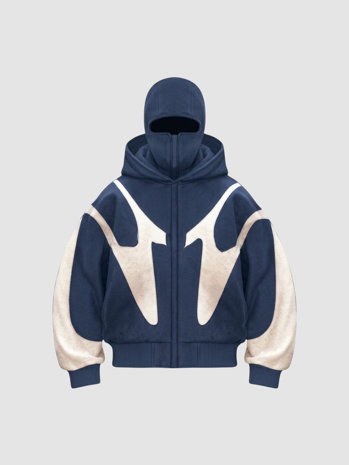 Y2K Studio black oversized streetwear jacket with integrated balaclava hood, white graphic details, and fleece lining.