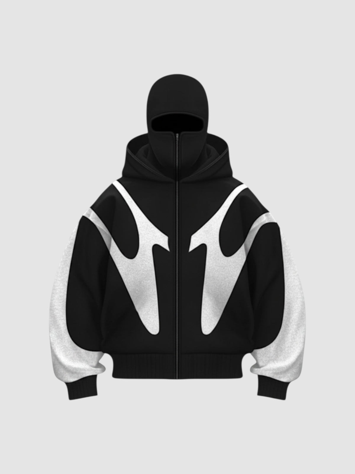 Y2K Studio black and white oversized streetwear jacket with an integrated balaclava hood and fleece lining.