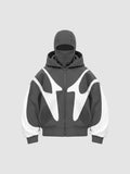 Y2K Studio black and white oversized streetwear jacket with an integrated balaclava hood and fleece lining.