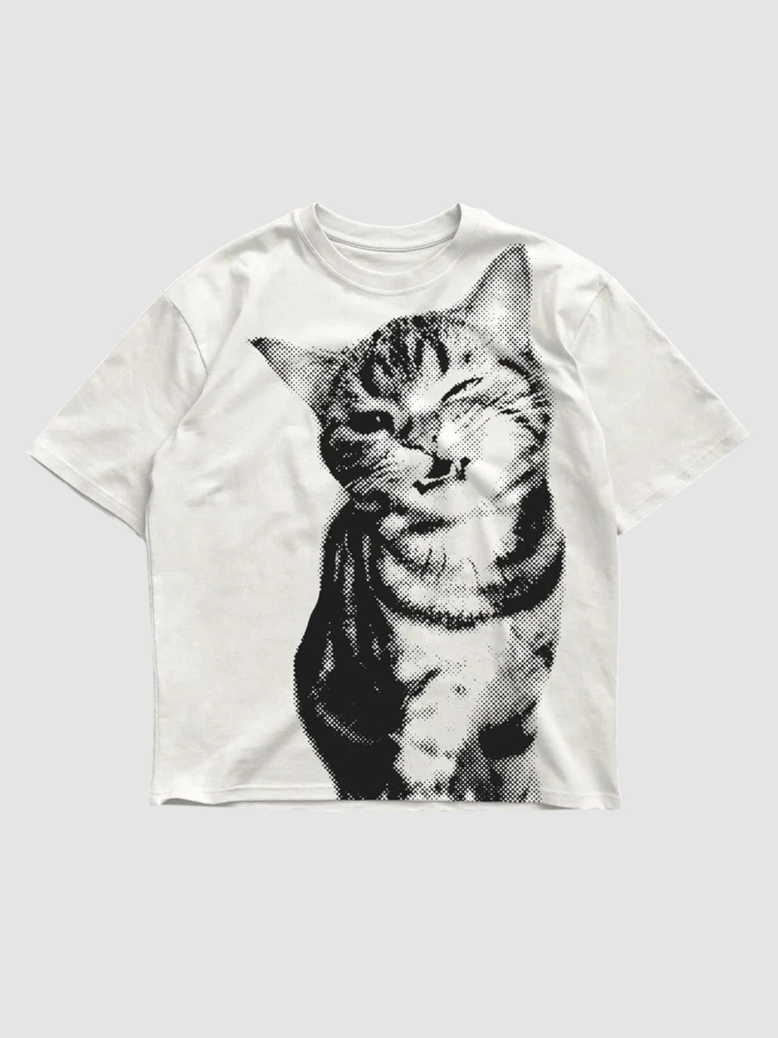 Y2K Studio white oversized t-shirt featuring a black halftone cat portrait print with a ribbed crew neck