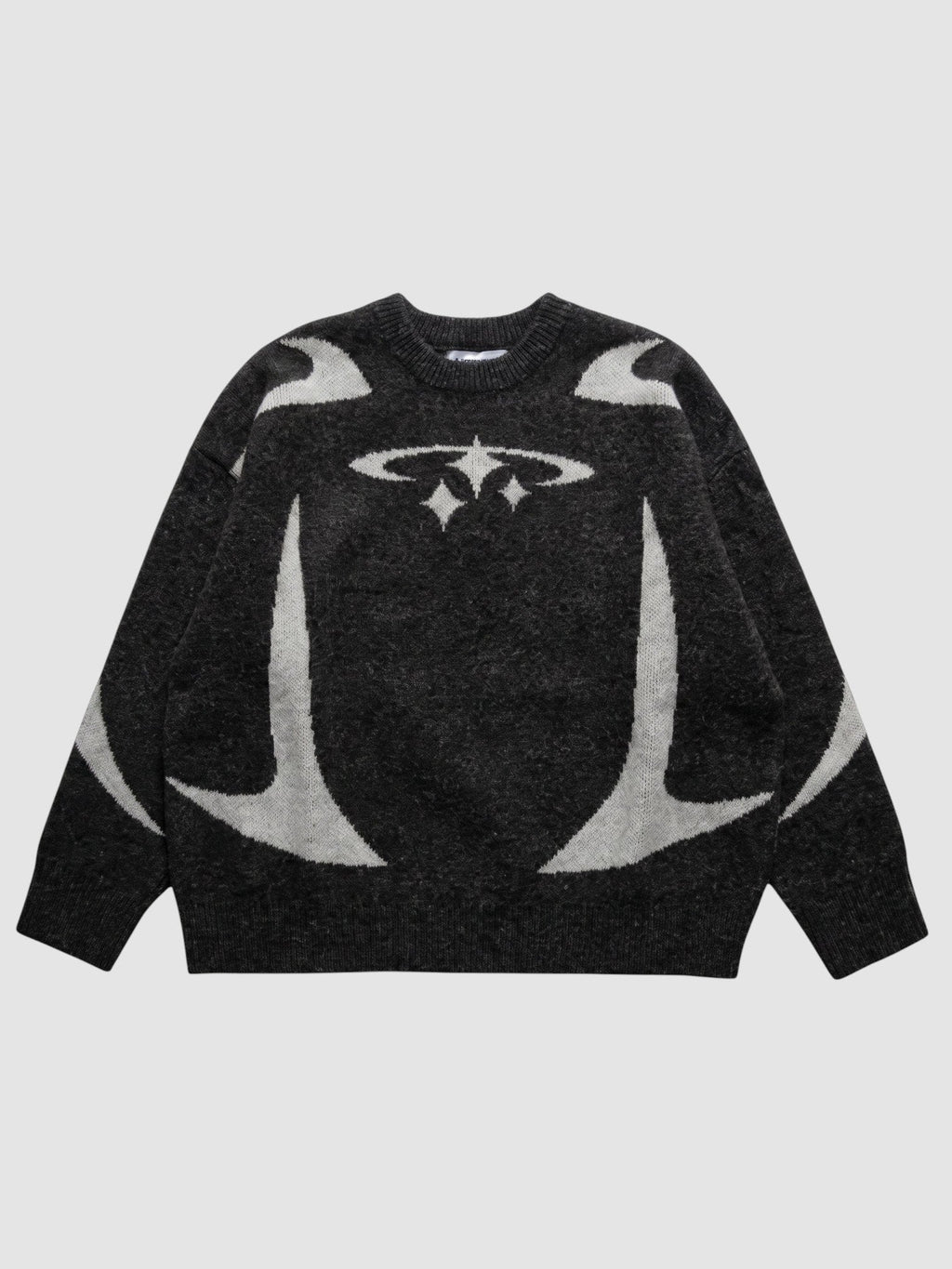 Y2K STUDIO oversized anthracite knit sweater with light grey star and curved arc patterns and ribbed crew neck