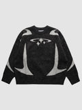 Y2K STUDIO oversized anthracite knit sweater with light grey star and curved arc patterns and ribbed crew neck