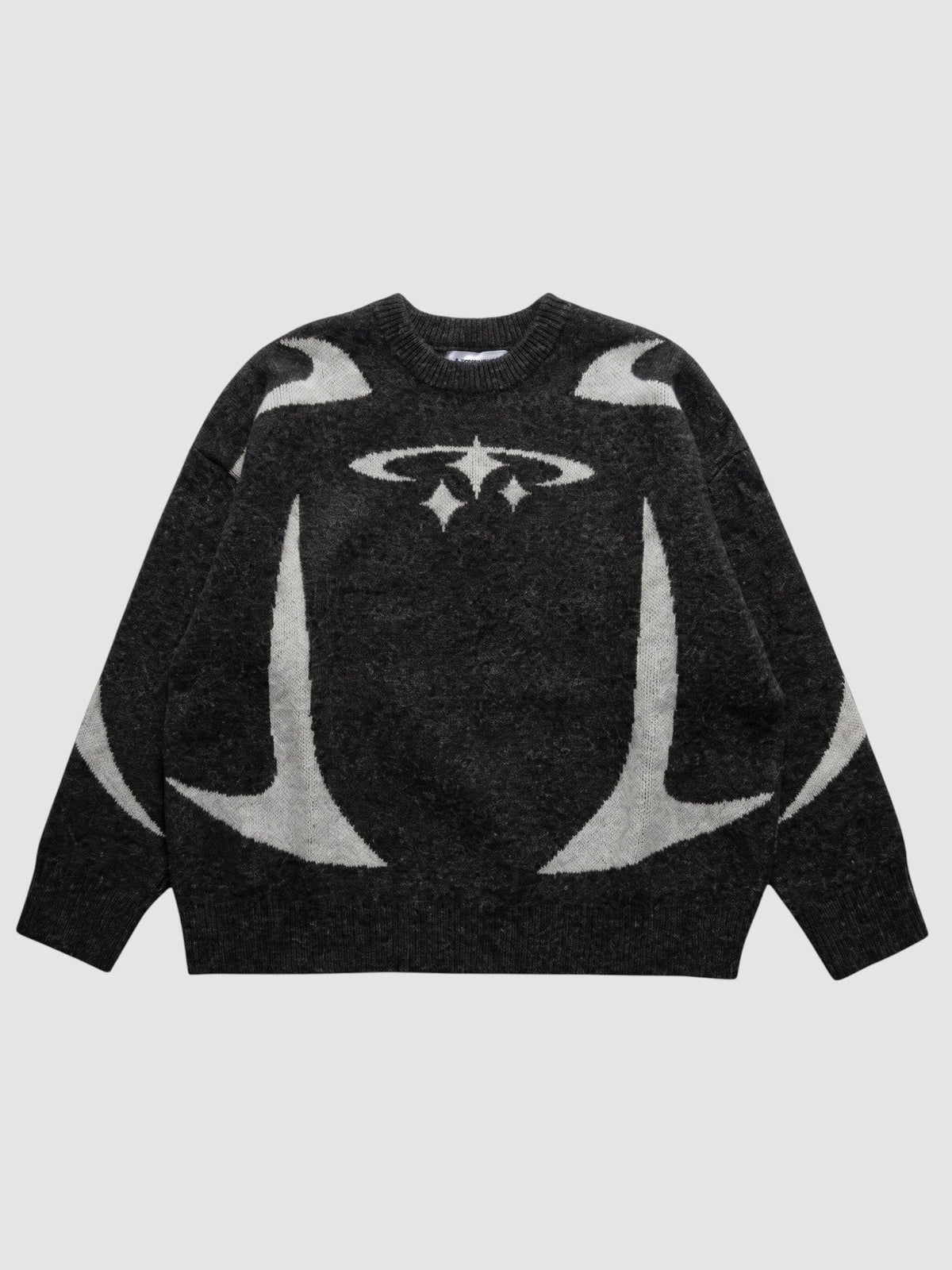 Y2K STUDIO oversized anthracite knit sweater with light grey star and curved arc patterns and ribbed crew neck