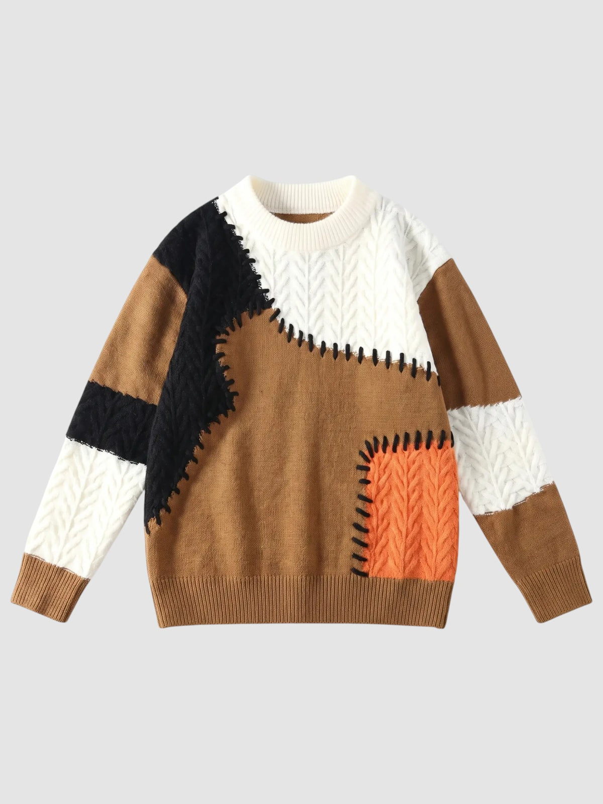 Y2K Studio patchwork knit sweater featuring brown, black, white, and orange panels with decorative whipstitch detail.