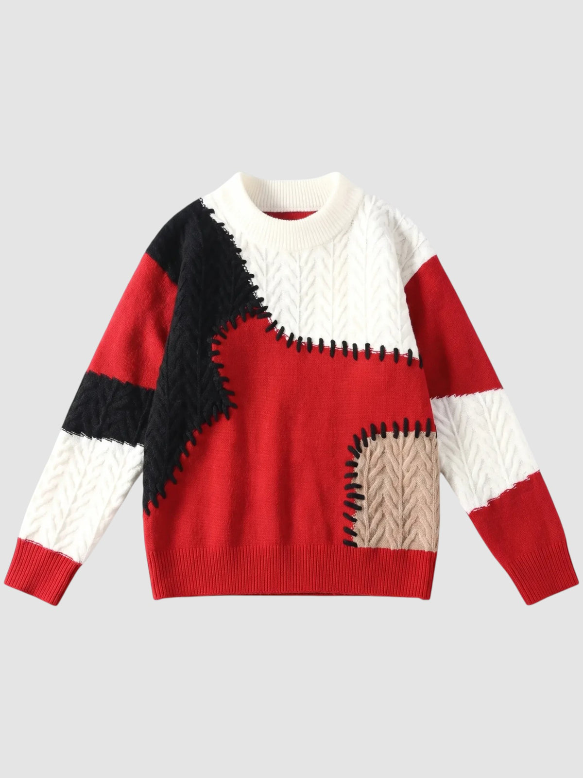 Y2K Studio patchwork knit sweater featuring red, white, black, and beige panels with decorative whipstitch detailing.