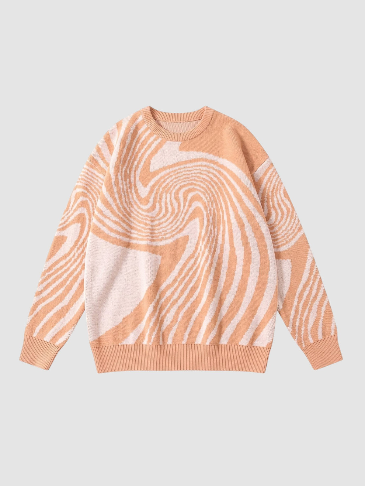Y2K STUDIO peach and cream spiral pattern knit sweater with a round neck and long sleeves in a lightweight fabric.