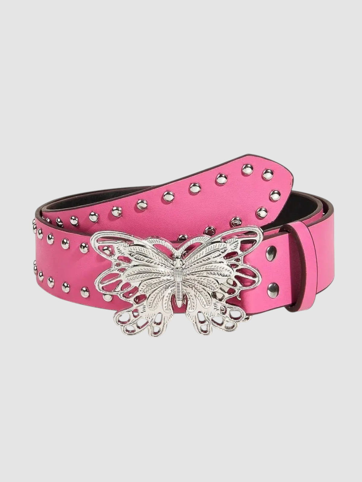 Y2K Studio pink faux leather belt with silver butterfly buckle and metal rivets for a stylish textured look