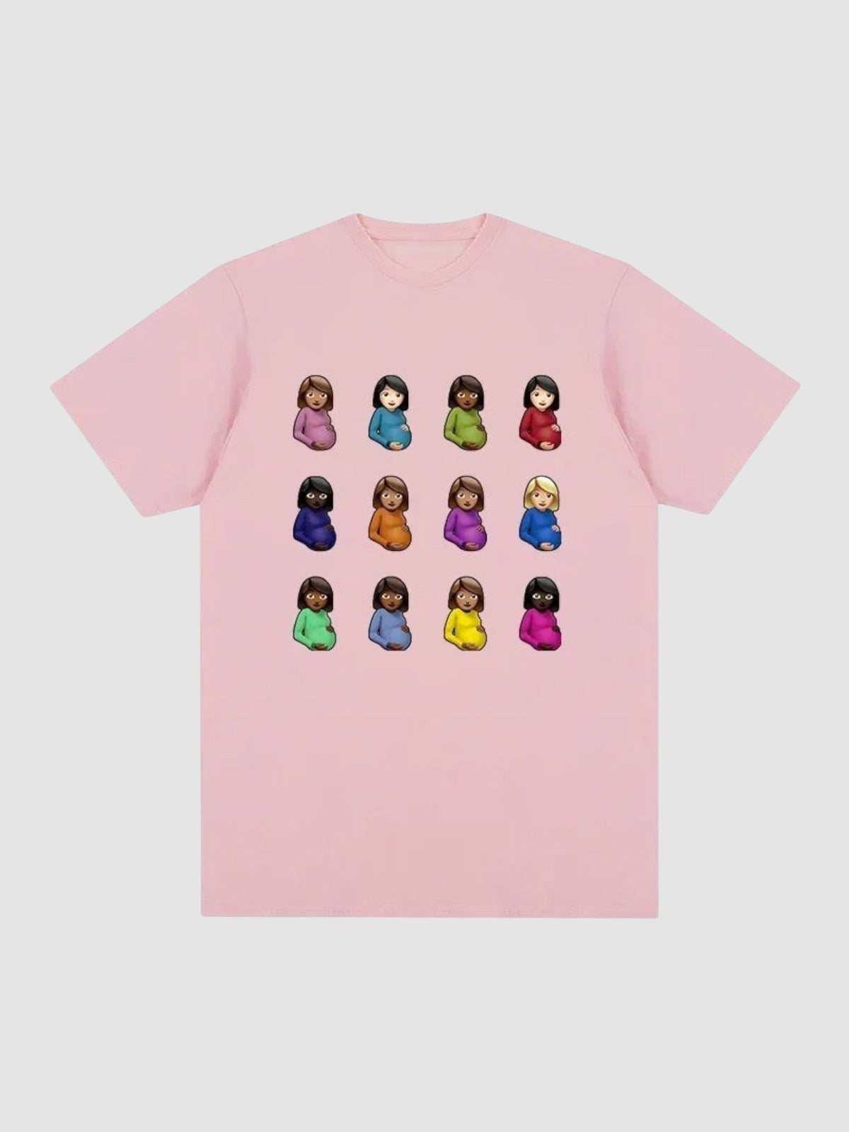 Y2K Studio light pink short-sleeve t-shirt featuring a grid of twelve colorful pregnant woman emojis