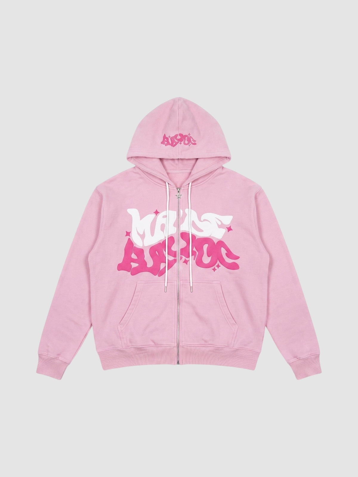 Y2K Studio pink zip-up hoodie with white and dark pink bubble graffiti lettering and star accents on the front
